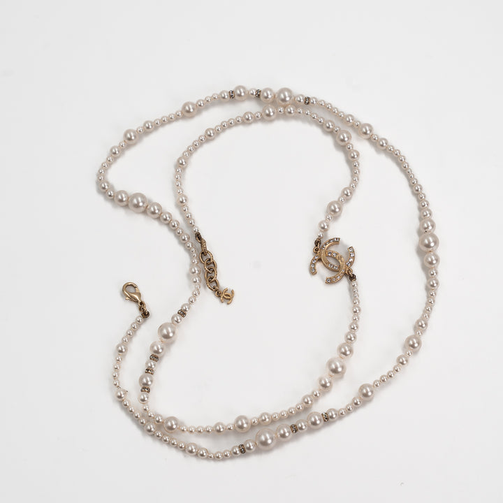 Chanel A19V Pearl CC Long Necklace in Gold Tone Metal & White Faux Pearls