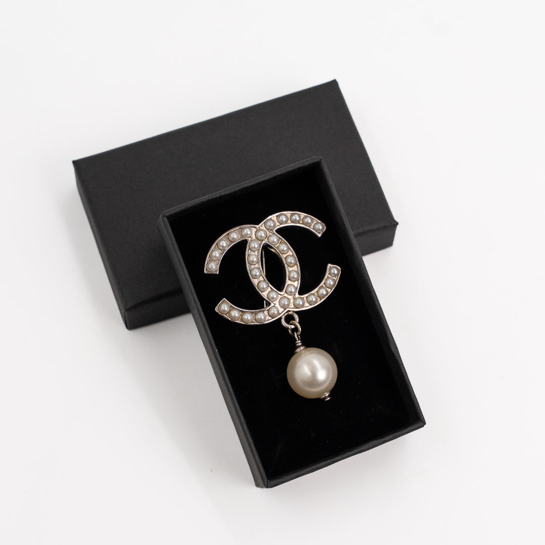Chanel Ivory CC Brooch with Pearl Drop Gold Tone Hardware