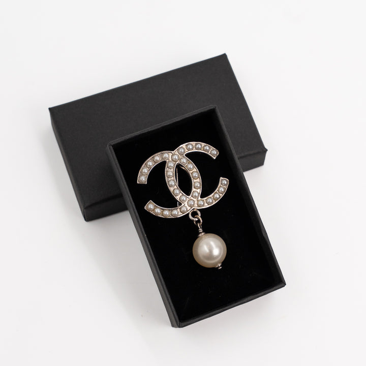 Chanel Ivory CC Brooch with Pearl Drop Gold Tone Hardware