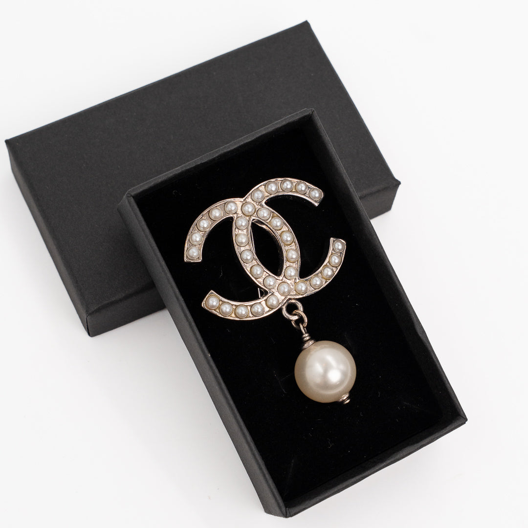 Chanel Ivory CC Brooch with Pearl Drop Gold Tone Hardware