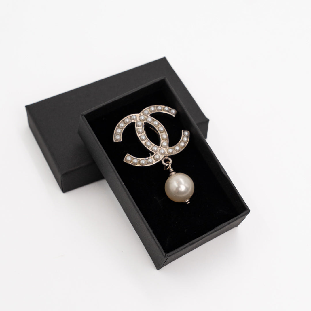 Chanel Ivory CC Brooch with Pearl Drop Gold Tone Hardware