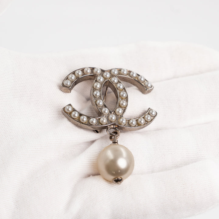 Chanel Ivory CC Brooch with Pearl Drop Gold Tone Hardware