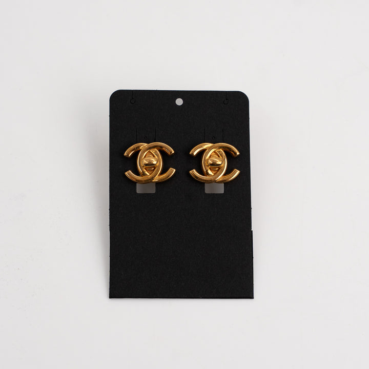 Chanel Vintage CC Turn Lock Clip On Earrings in Gold Tone Metal