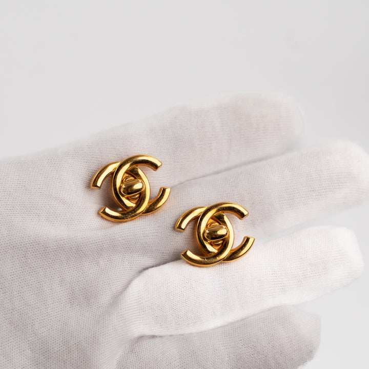 Chanel Vintage CC Turn Lock Clip On Earrings in Gold Tone Metal