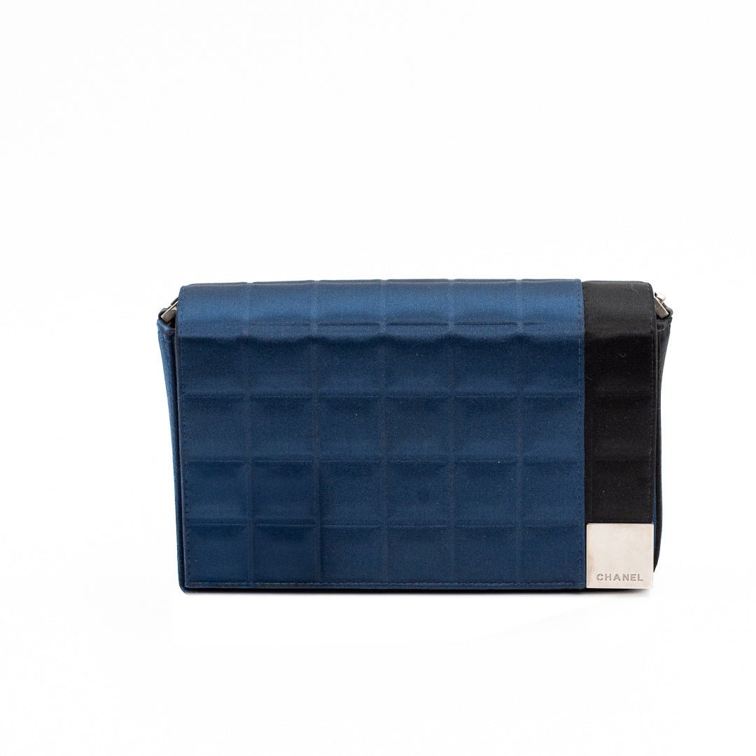 Chanel Vintage Chocolate Bar Bag in Navy Blue Quilted Satin with Silver Hardware