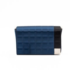 Chanel Vintage Chocolate Bar Bag in Navy Blue Quilted Satin with Silver Hardware
