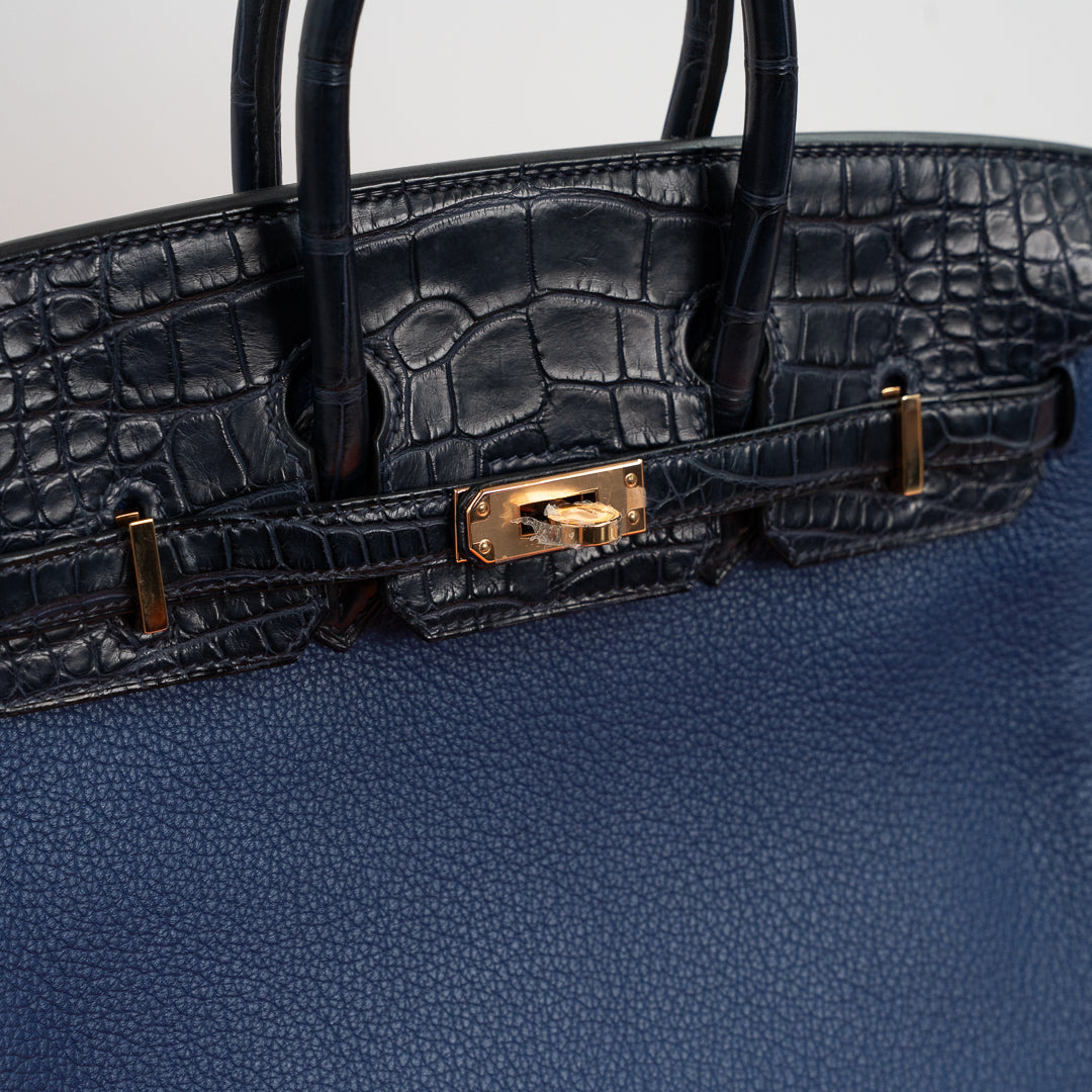 Hermès Birkin 25 Touch Taurillon Novillo Leather & Alligator Mississippiensis Bleu Saphir Bleu Marine Rose Gold Hardware