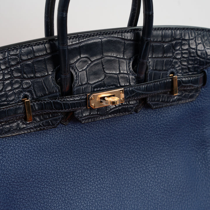 Hermès Birkin 25 Touch Taurillon Novillo Leather & Alligator Mississippiensis Bleu Saphir Bleu Marine Rose Gold Hardware