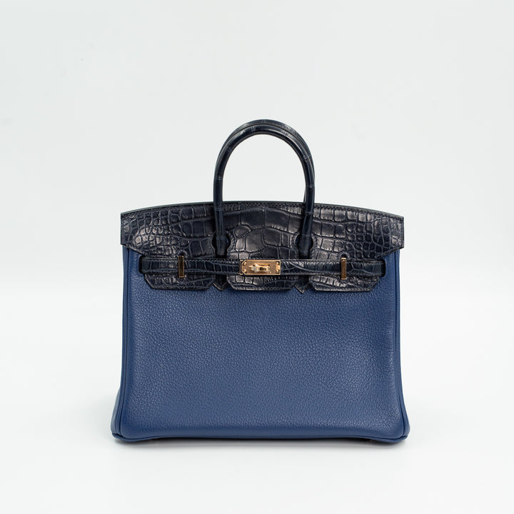 Hermès Birkin 25 Touch Taurillon Novillo Leather & Alligator Mississippiensis Bleu Saphir Bleu Marine Rose Gold Hardware