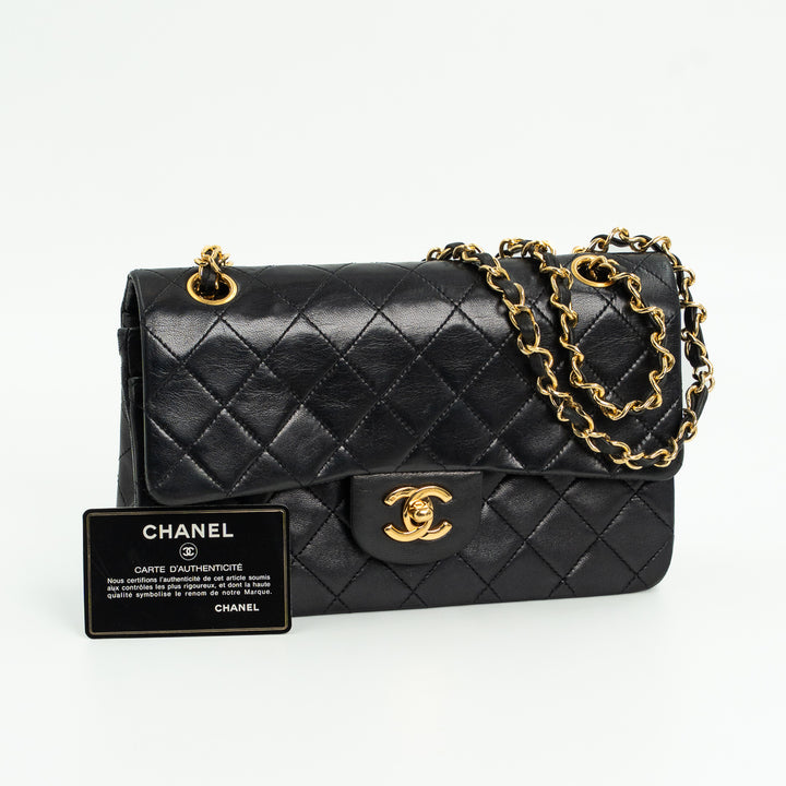 Chanel Vintage Small Classic Double Flap Bag in Black Quilted Lambskin Leather with Gold Hardware