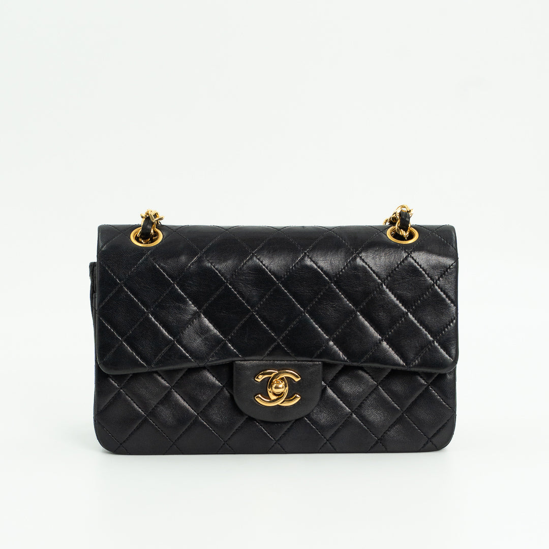 Chanel Vintage Small Classic Double Flap Bag in Black Quilted Lambskin Leather with Gold Hardware