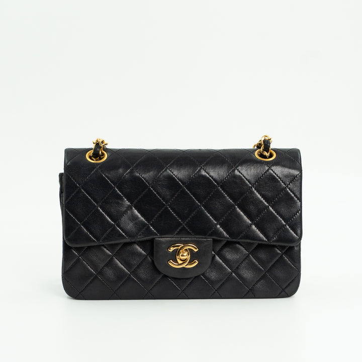 Chanel Vintage Small Classic Double Flap Bag in Black Quilted Lambskin Leather with Gold Hardware