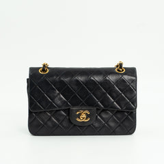 Chanel Vintage Small Classic Double Flap Bag in Black Quilted Lambskin Leather with Gold Hardware