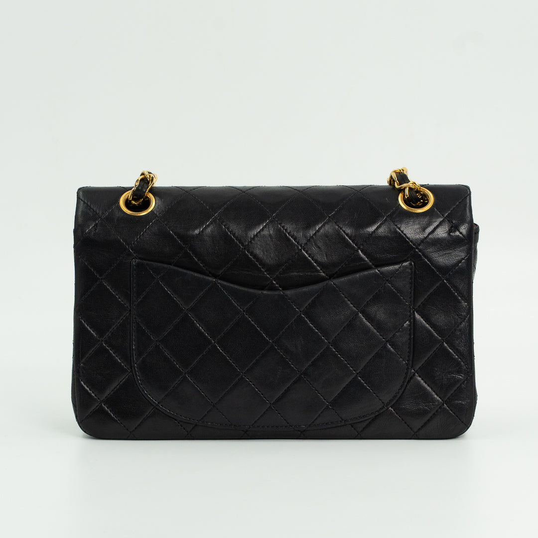 Chanel Vintage Small Classic Double Flap Bag in Black Quilted Lambskin Leather with Gold Hardware