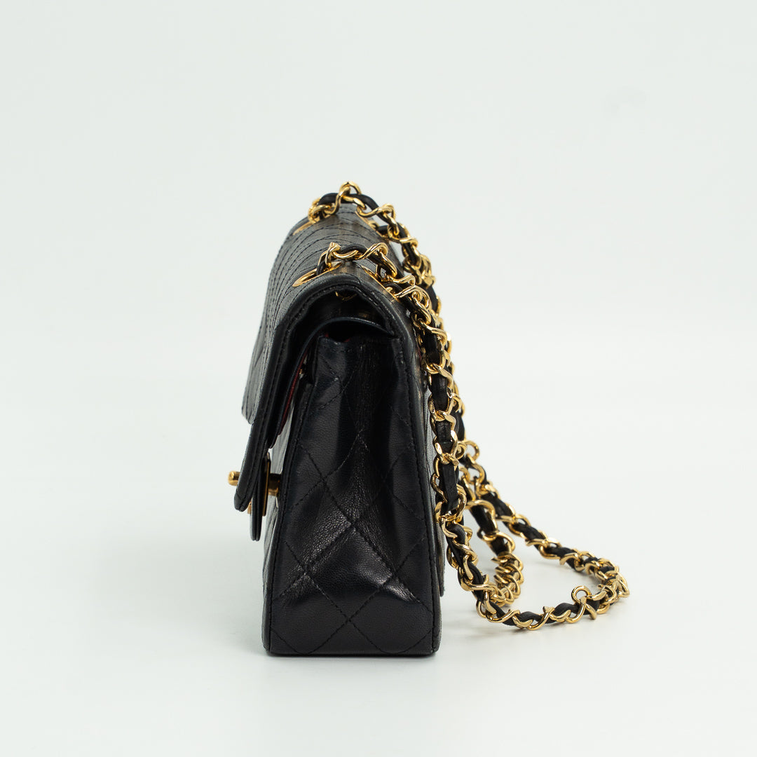 Chanel Vintage Small Classic Double Flap Bag in Black Quilted Lambskin Leather with Gold Hardware