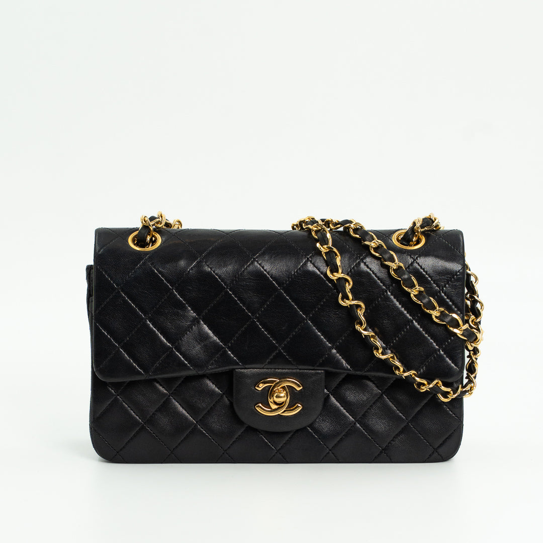 Chanel Vintage Small Classic Double Flap Bag in Black Quilted Lambskin Leather with Gold Hardware