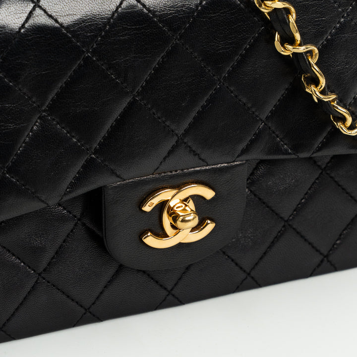 Chanel Vintage Small Classic Double Flap Bag in Black Quilted Lambskin Leather with Gold Hardware