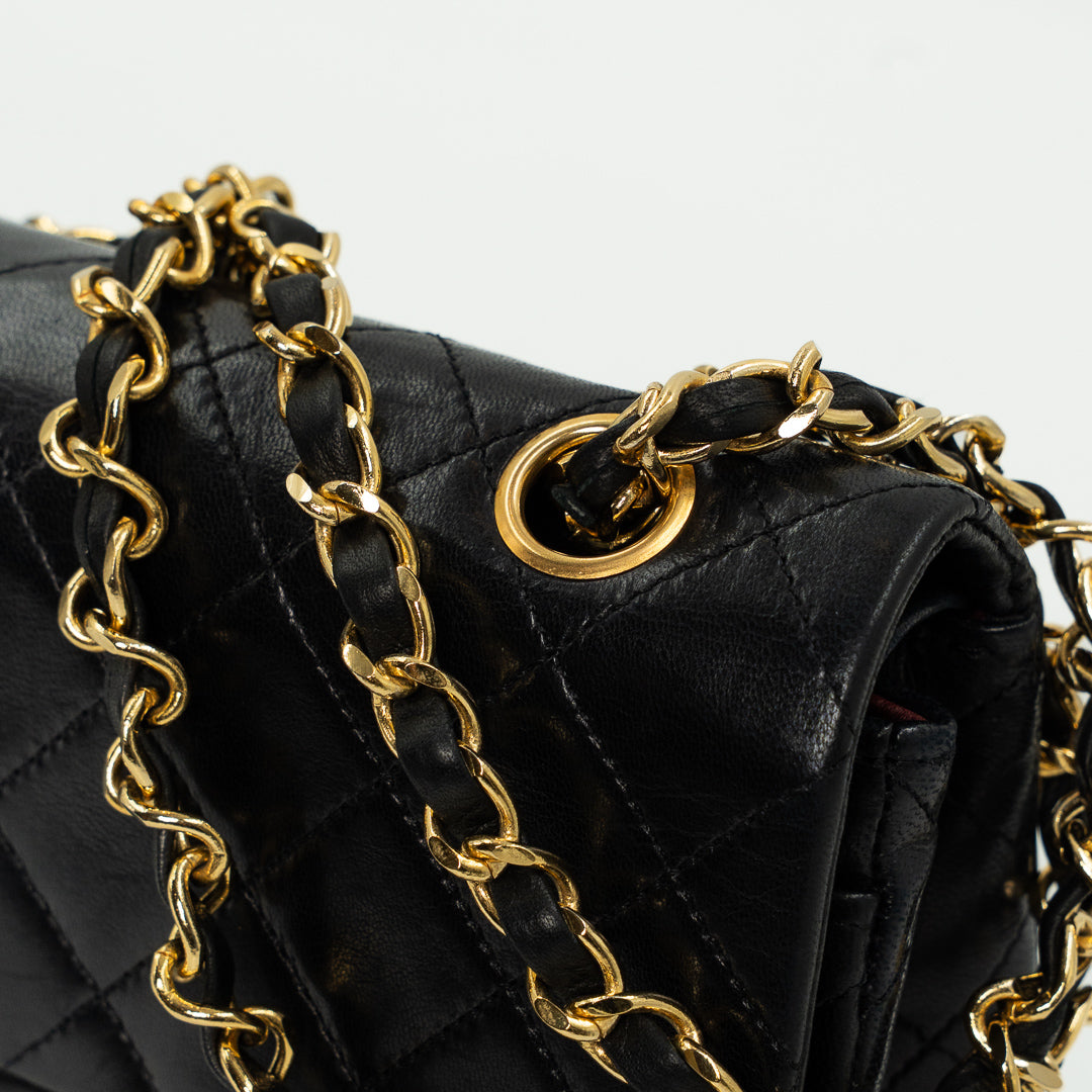 Chanel Vintage Small Classic Double Flap Bag in Black Quilted Lambskin Leather with Gold Hardware