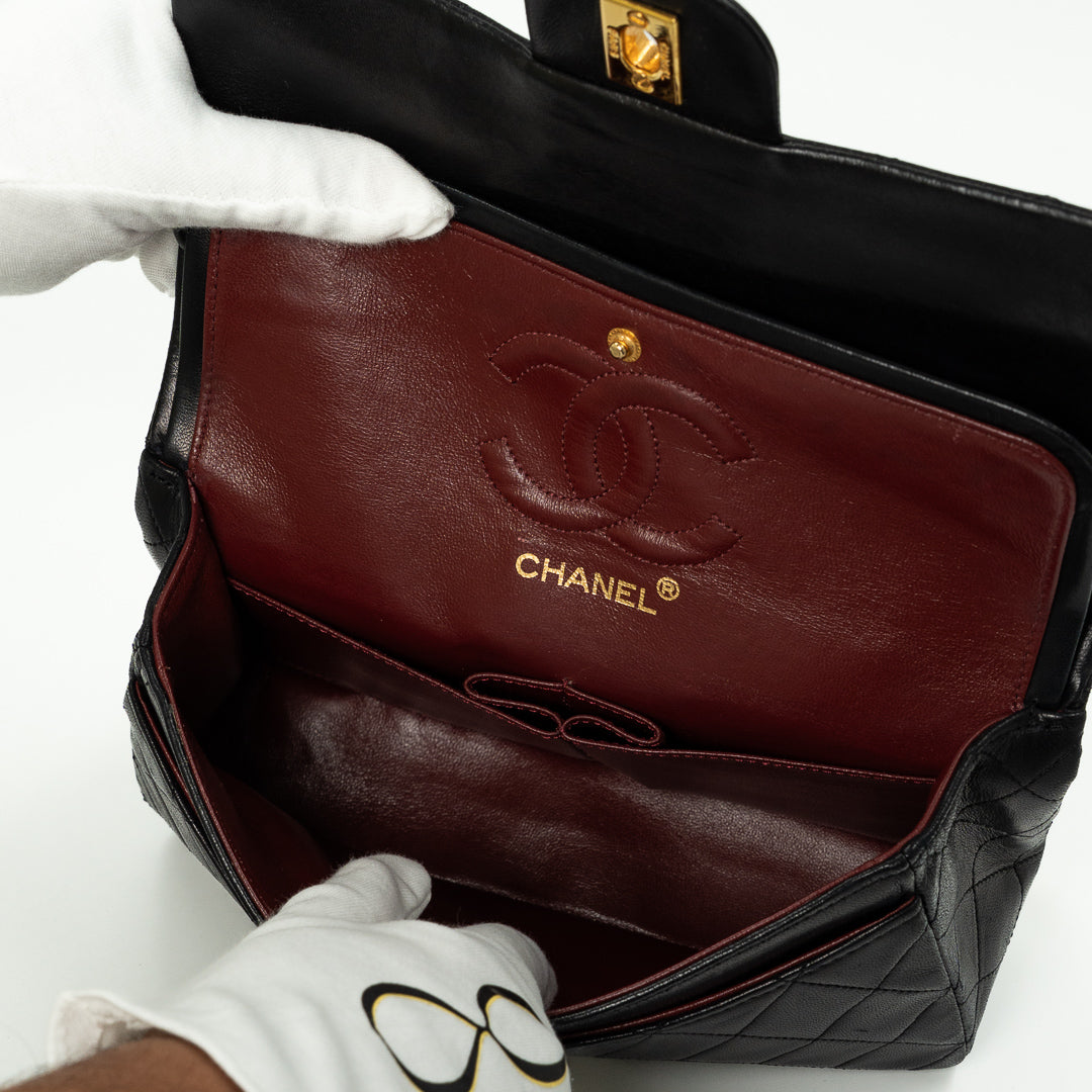 Chanel Vintage Small Classic Double Flap Bag in Black Quilted Lambskin Leather with Gold Hardware