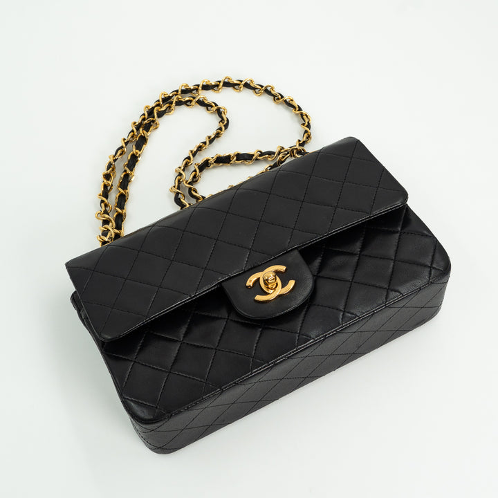 Chanel Vintage Small Classic Double Flap Bag in Black Quilted Lambskin Leather with Gold Hardware