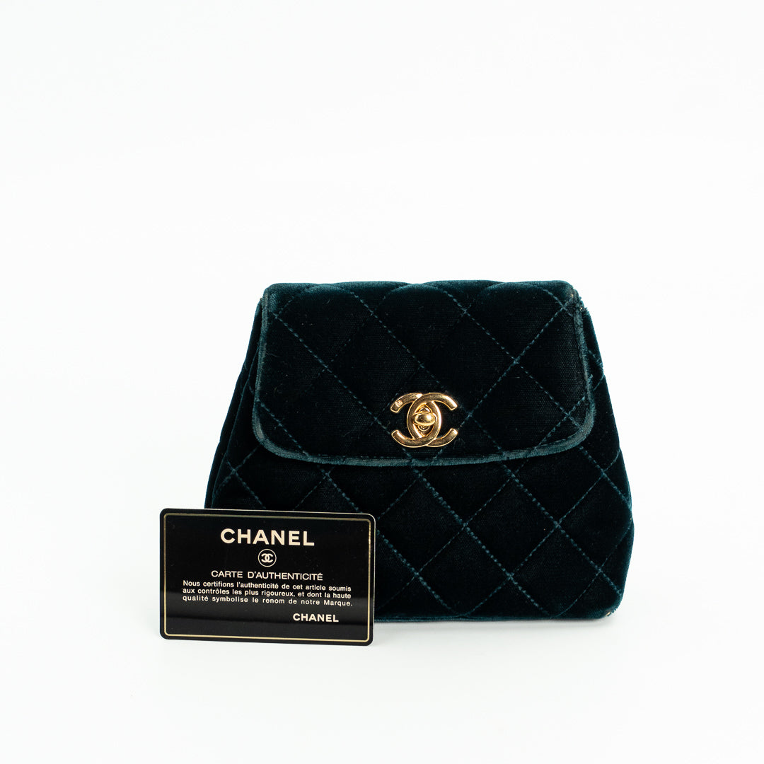 Chanel Vintage Mini Flap Bag in Green Quilted Velvet with Gold Hardware & Metallic Gold Leather Interior