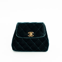 Chanel Vintage Mini Flap Bag in Green Quilted Velvet with Gold Hardware & Metallic Gold Leather Interior