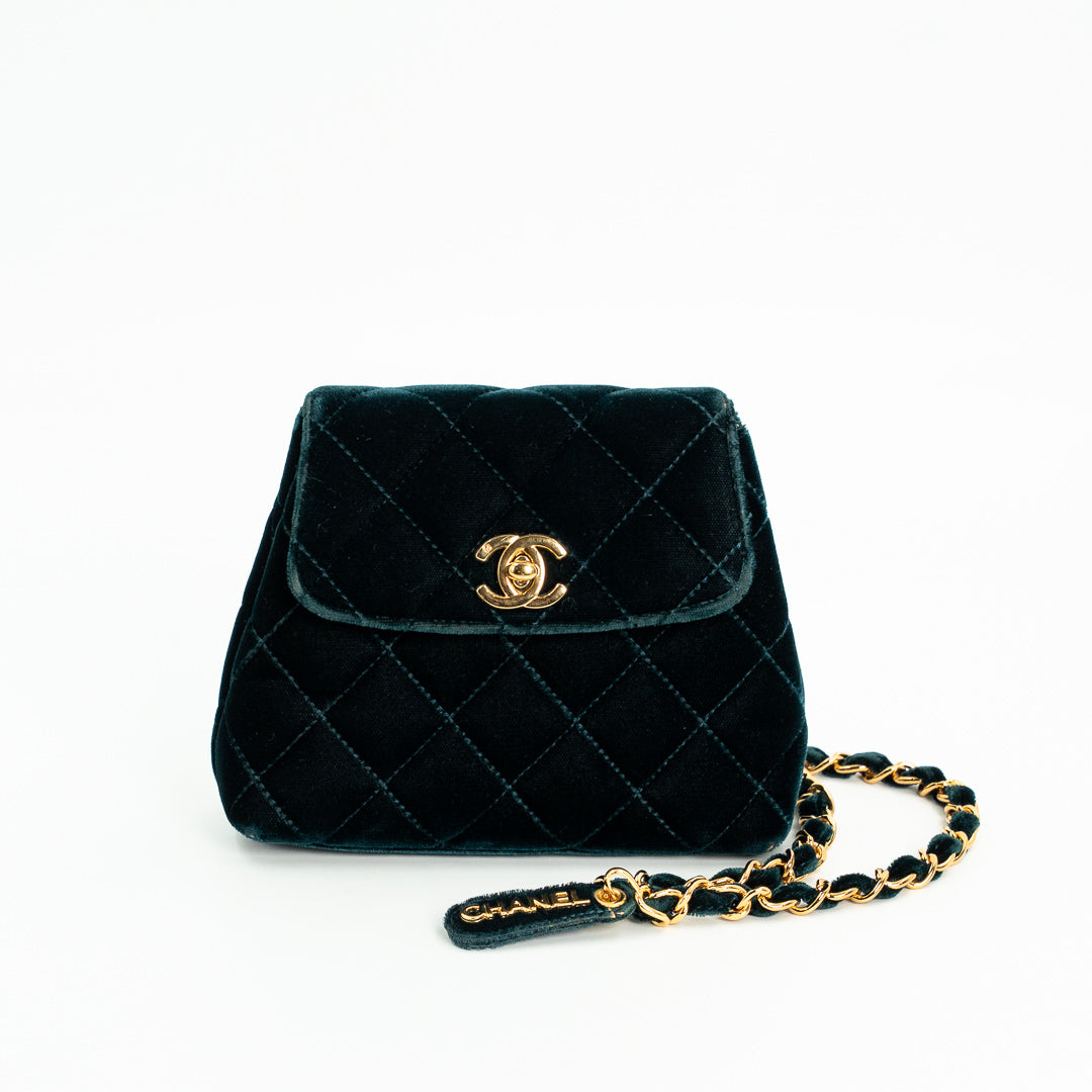 Chanel Vintage Mini Flap Bag in Green Quilted Velvet with Gold Hardware & Metallic Gold Leather Interior