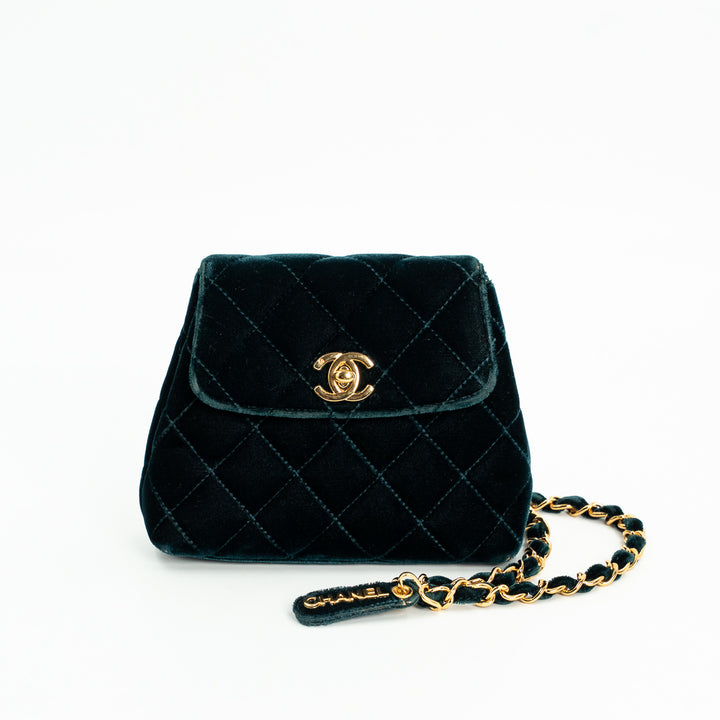 Chanel Vintage Mini Flap Bag in Green Quilted Velvet with Gold Hardware & Metallic Gold Leather Interior
