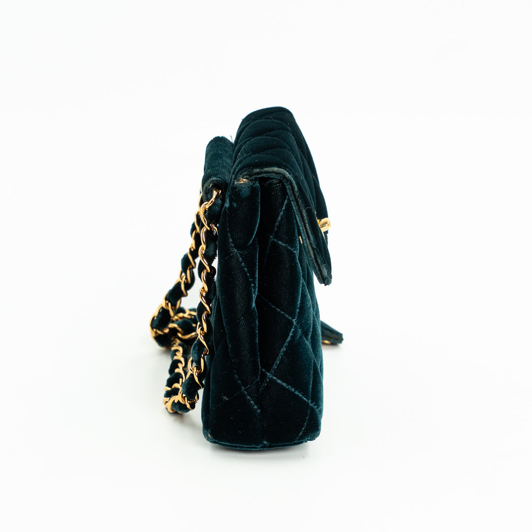 Chanel Vintage Mini Flap Bag in Green Quilted Velvet with Gold Hardware & Metallic Gold Leather Interior