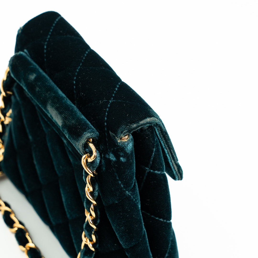 Chanel Vintage Mini Flap Bag in Green Quilted Velvet with Gold Hardware & Metallic Gold Leather Interior