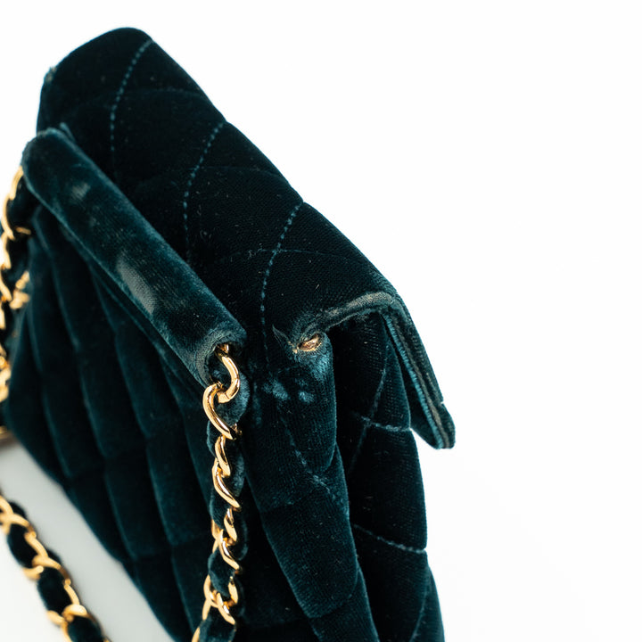 Chanel Vintage Mini Flap Bag in Green Quilted Velvet with Gold Hardware & Metallic Gold Leather Interior