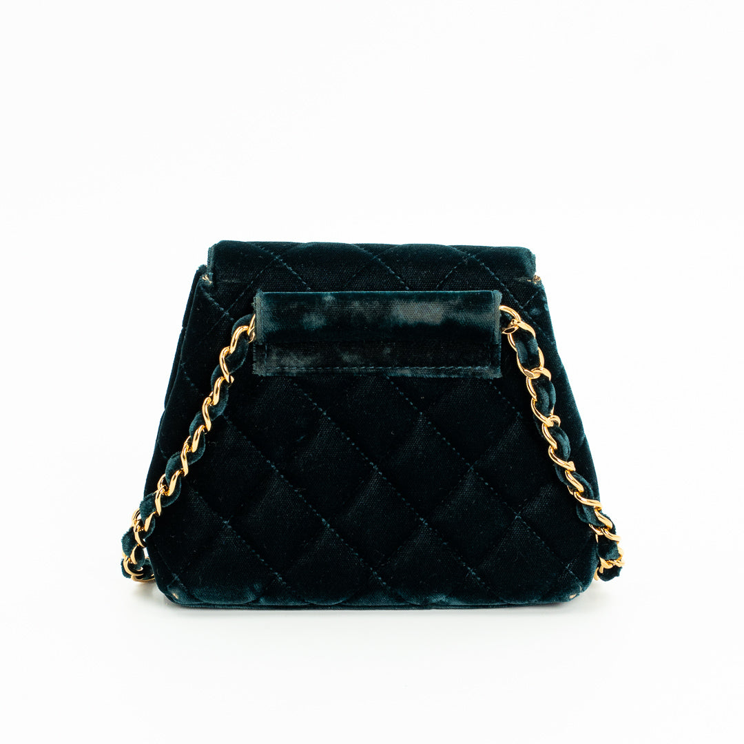 Chanel Vintage Mini Flap Bag in Green Quilted Velvet with Gold Hardware & Metallic Gold Leather Interior