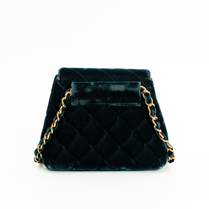 Chanel Vintage Mini Flap Bag in Green Quilted Velvet with Gold Hardware & Metallic Gold Leather Interior