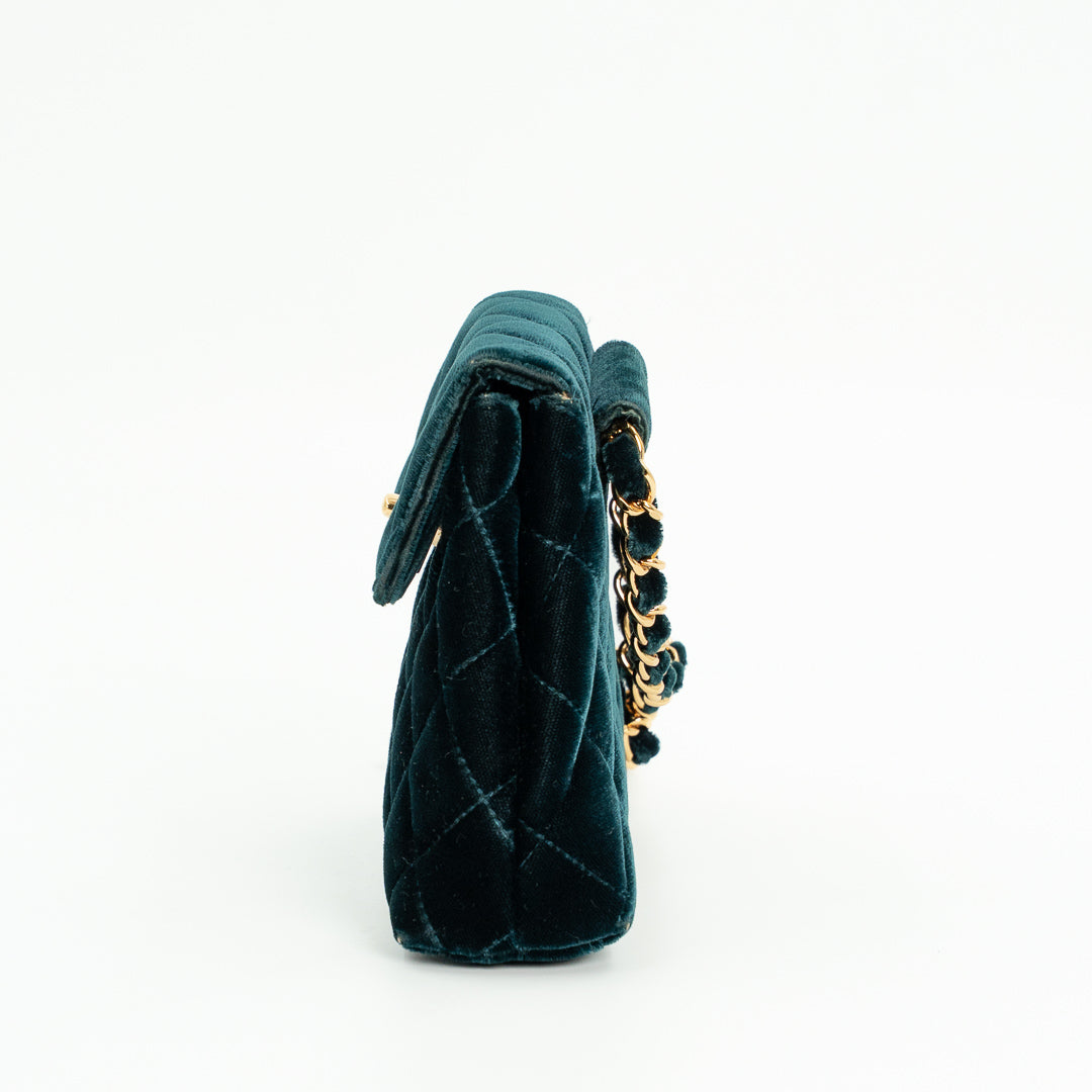 Chanel Vintage Mini Flap Bag in Green Quilted Velvet with Gold Hardware & Metallic Gold Leather Interior