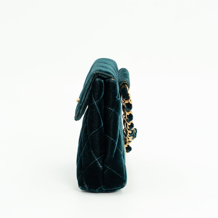 Chanel Vintage Mini Flap Bag in Green Quilted Velvet with Gold Hardware & Metallic Gold Leather Interior