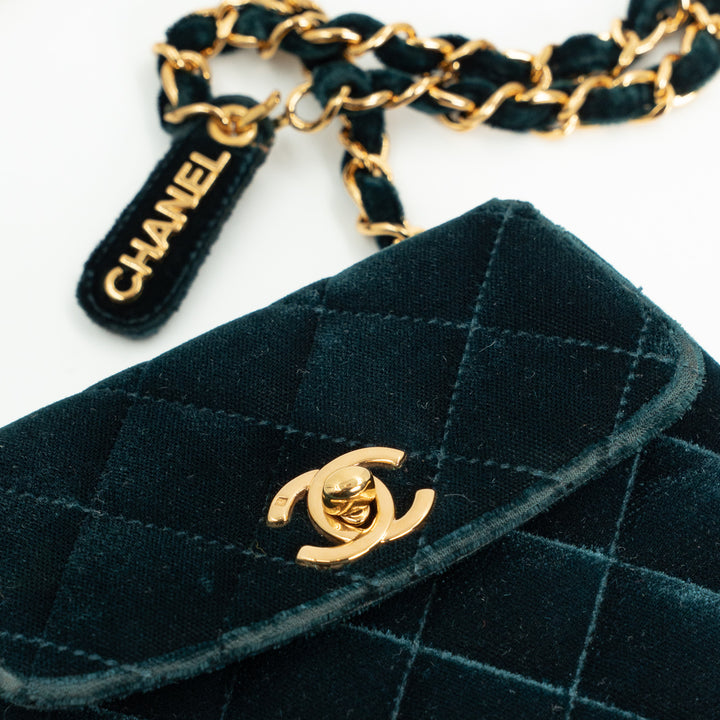 Chanel Vintage Mini Flap Bag in Green Quilted Velvet with Gold Hardware & Metallic Gold Leather Interior