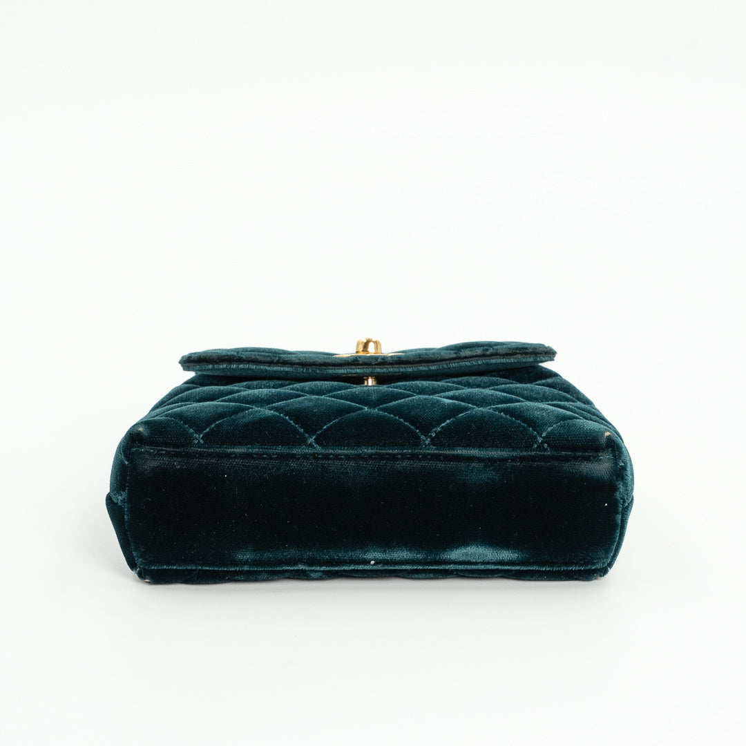 Chanel Vintage Mini Flap Bag in Green Quilted Velvet with Gold Hardware & Metallic Gold Leather Interior