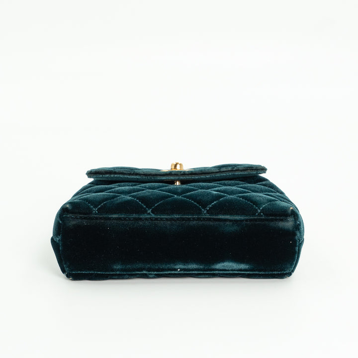 Chanel Vintage Mini Flap Bag in Green Quilted Velvet with Gold Hardware & Metallic Gold Leather Interior