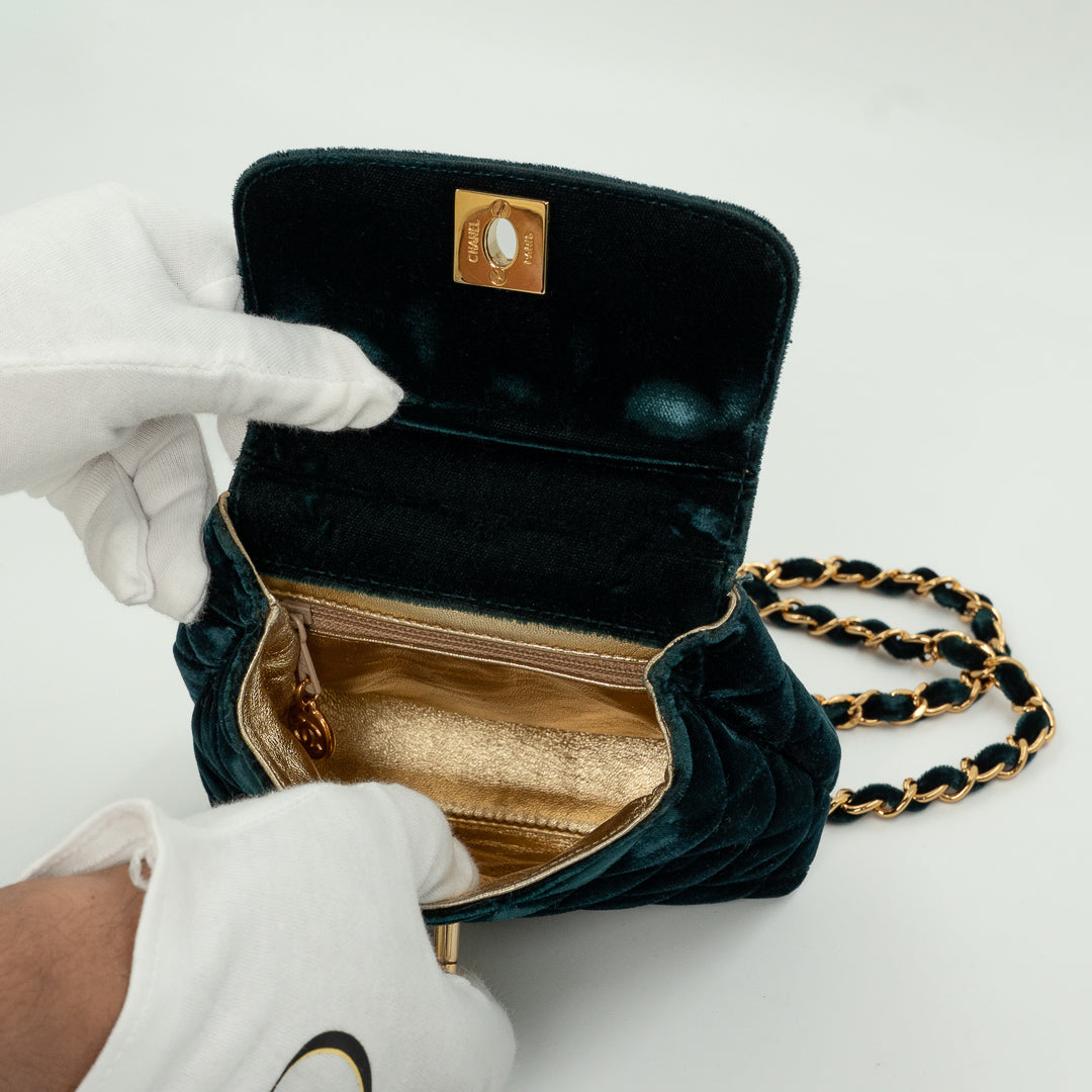 Chanel Vintage Mini Flap Bag in Green Quilted Velvet with Gold Hardware & Metallic Gold Leather Interior
