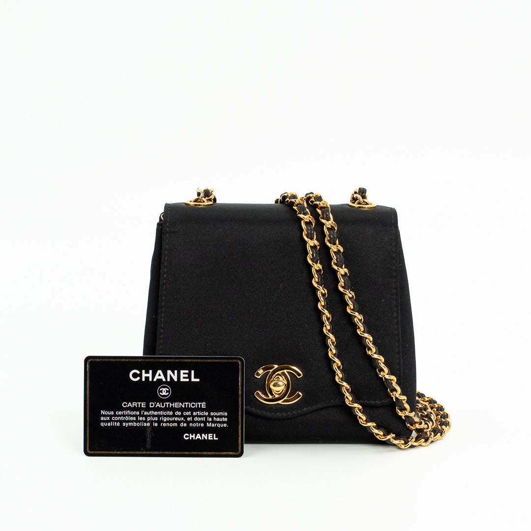 Chanel Vintage Shoulder Bag in Black Satin with Gold Hardware