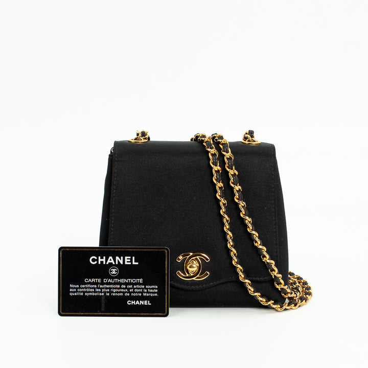 Chanel Vintage Shoulder Bag in Black Satin with Gold Hardware