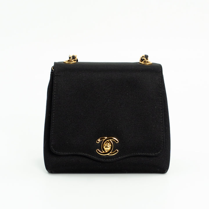Chanel Vintage Shoulder Bag in Black Satin with Gold Hardware