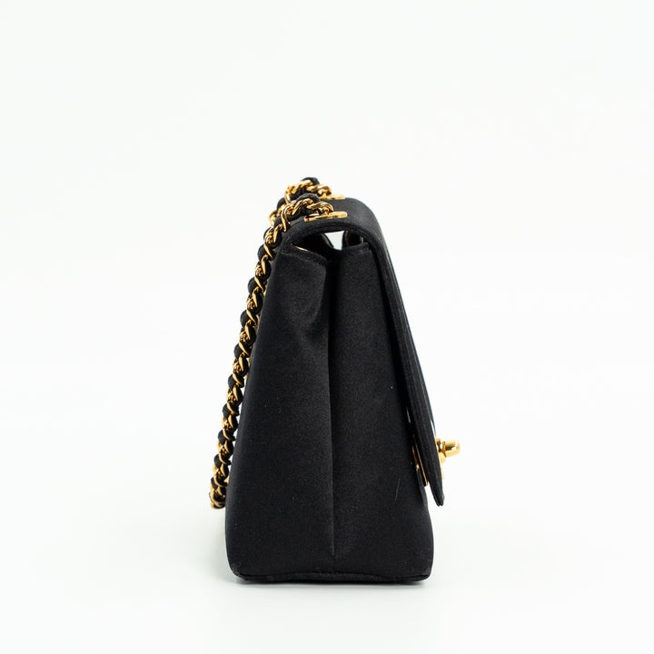 Chanel Vintage Shoulder Bag in Black Satin with Gold Hardware