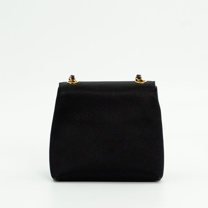 Chanel Vintage Shoulder Bag in Black Satin with Gold Hardware