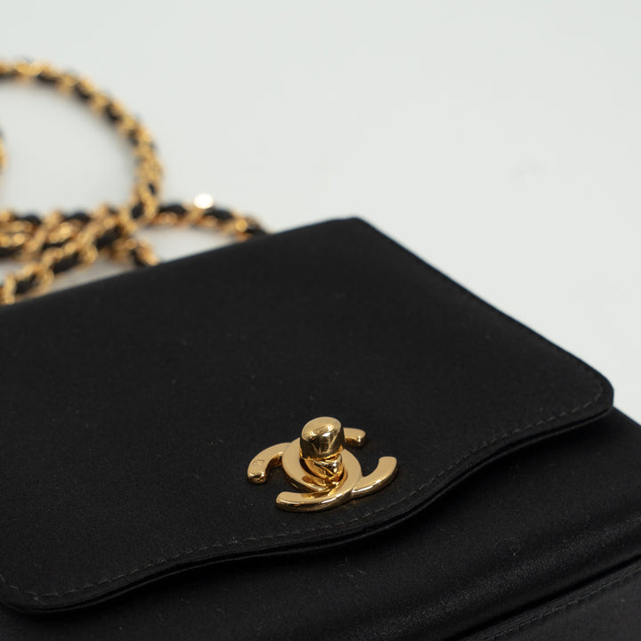 Chanel Vintage Shoulder Bag in Black Satin with Gold Hardware