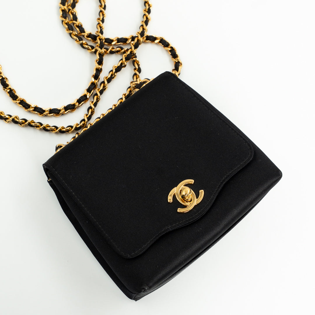 Chanel Vintage Shoulder Bag in Black Satin with Gold Hardware