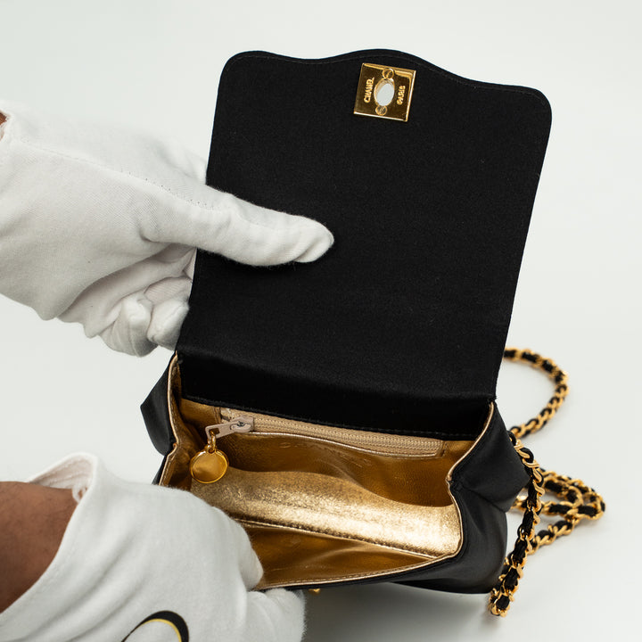 Chanel Vintage Shoulder Bag in Black Satin with Gold Hardware