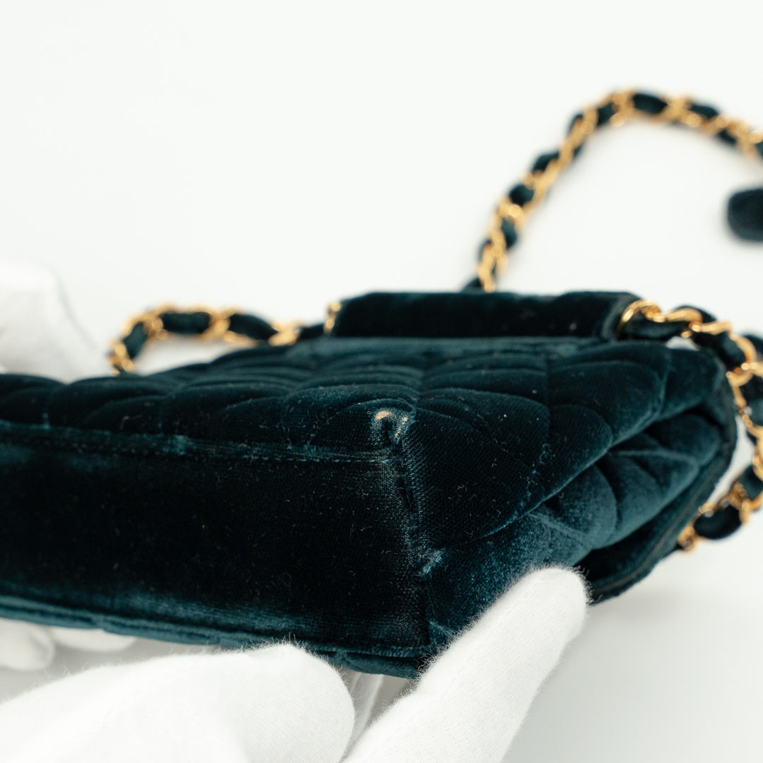 Chanel Vintage Mini Flap Bag in Green Quilted Velvet with Gold Hardware & Metallic Gold Leather Interior