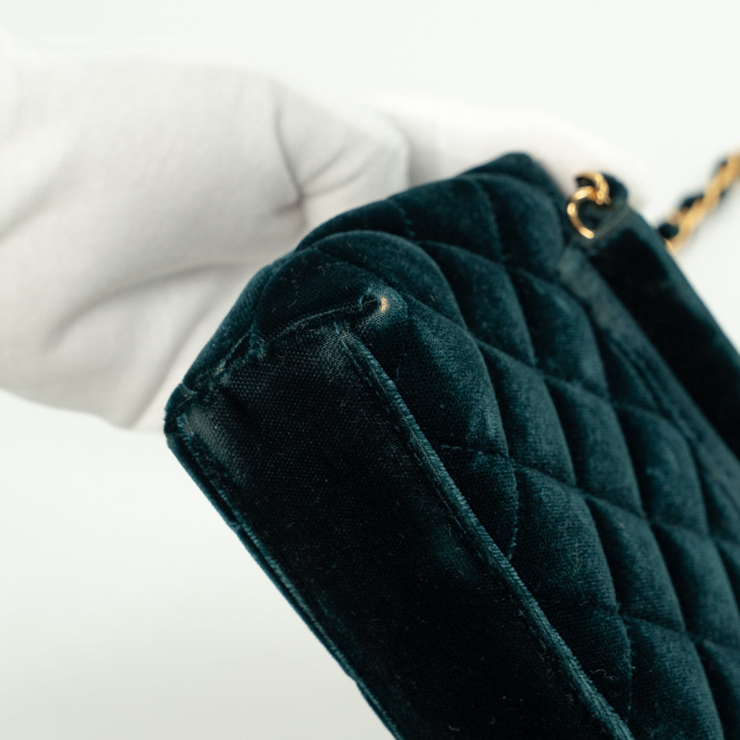 Chanel Vintage Mini Flap Bag in Green Quilted Velvet with Gold Hardware & Metallic Gold Leather Interior