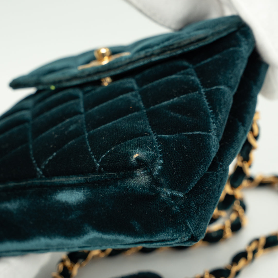 Chanel Vintage Mini Flap Bag in Green Quilted Velvet with Gold Hardware & Metallic Gold Leather Interior
